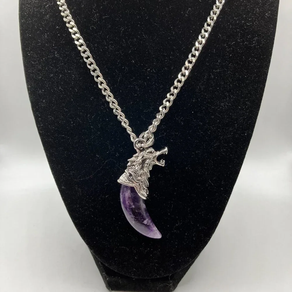 Amethyst Gemstone Tusk AND CHAIN Men's Chunky 20-inch Stainless Steel Chain